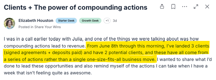 Elizabeth Houston community post: compounding actions led to 3 signed clients and 2 potential clients