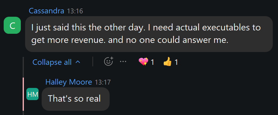 Chat message from Cassandra, a live attendee, about getting more executable steps to drive revenue