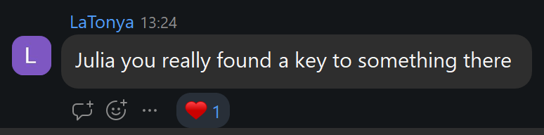 Second chat message from LaTonya, a live attendee, saying she found a key to something here