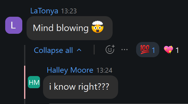 Chat message from LaTonya, a live attendee, calling the class mindblowing