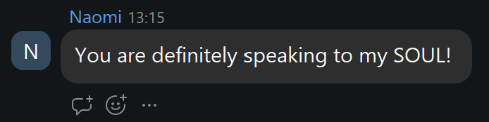 Chat message from Naomi, a live attendee, saying the class was speaking to her soul