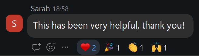 Chat message from Sarah, a live attendee, saying the class has been very helpful, with heart, clapping, and celebration reactions